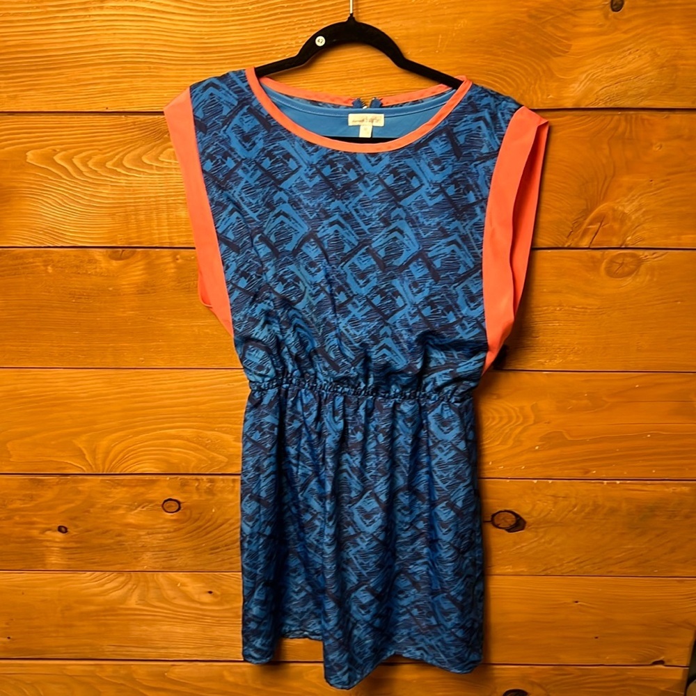Charming Charlie Dress Womens Blue Fit Flare Geometrical Pattern Crewneck M Y2K